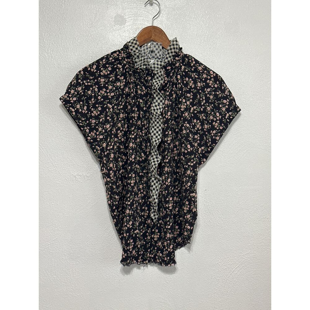 Sundays Leah Floral Gingham Ruffle Button Up Blouse S Black Pink Coquette Girly